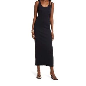 Open Edit Ribbed Midi Tank Dress in Black